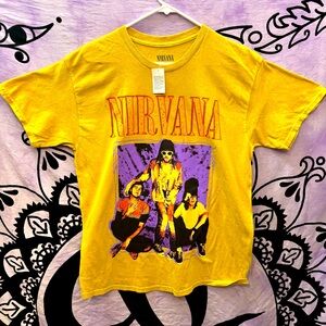 NIRVANA Yellow Tee T-Band 100% Cotton Shirt Purple Orange Black Graphic NWT L
